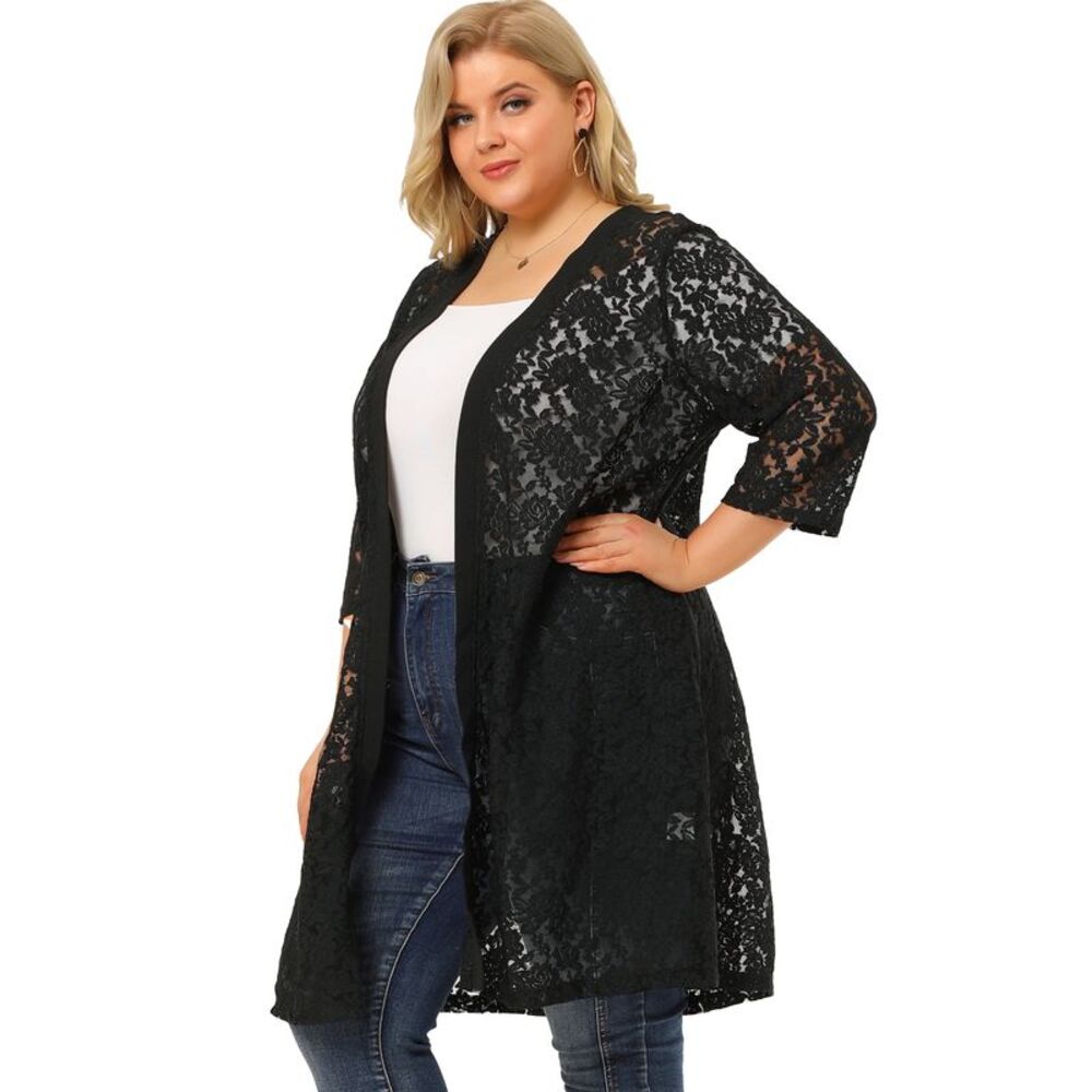 Plus Size Cardigans Women Lace Crochet 3/4 Sleeve Sheer Cover Up Jacket Black - Picture 4 of 6